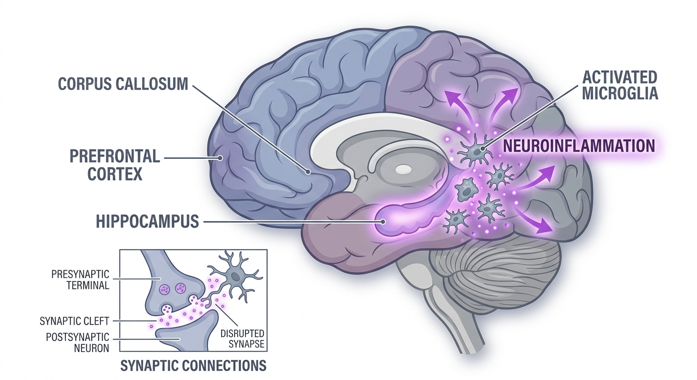 Illustration of the human brain showing the hippocampus and areas affected by neuroinflammation in aging
