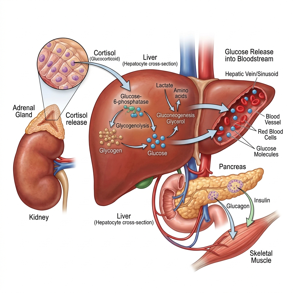 Medical 3D illustration of the human liver releasing glucose into the bloodstream