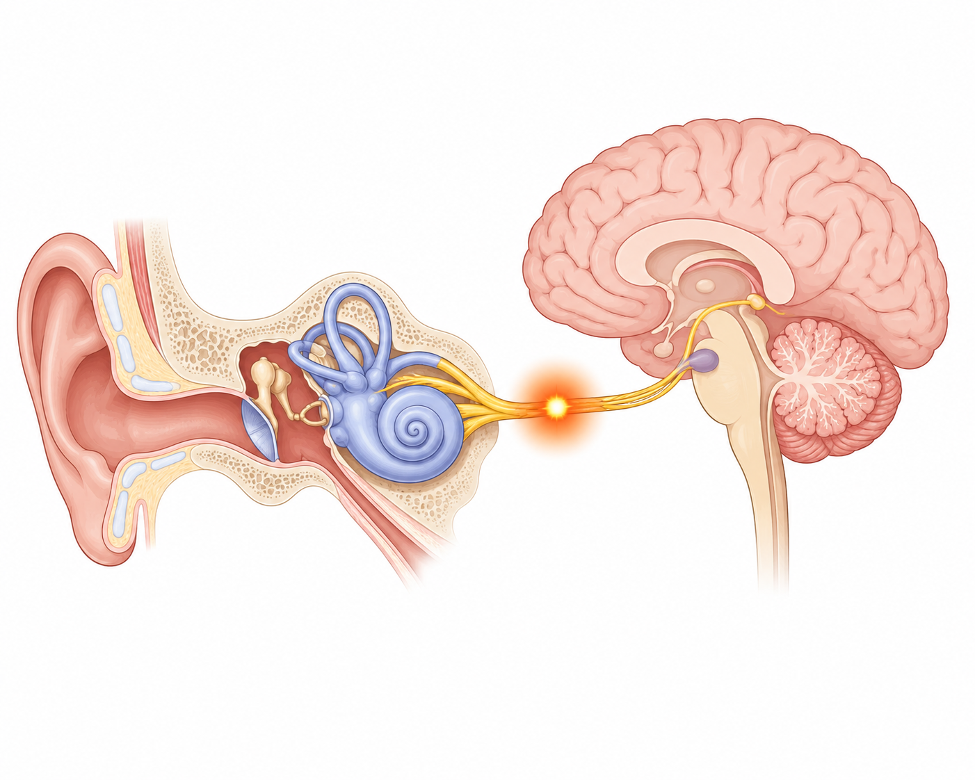 Illustration of the auditory nerve pathway showing inflammation between the cochlea and the brain