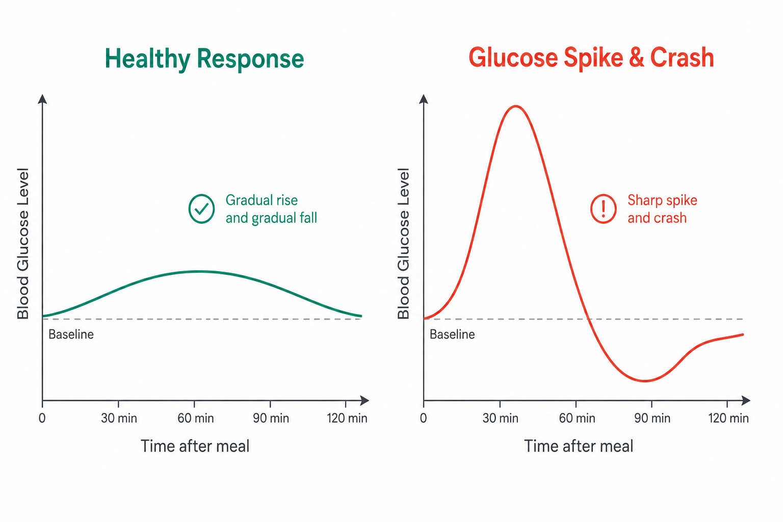 Graph comparing a gentle healthy glucose curve vs a sharp spike-and-crash glucose response after eating