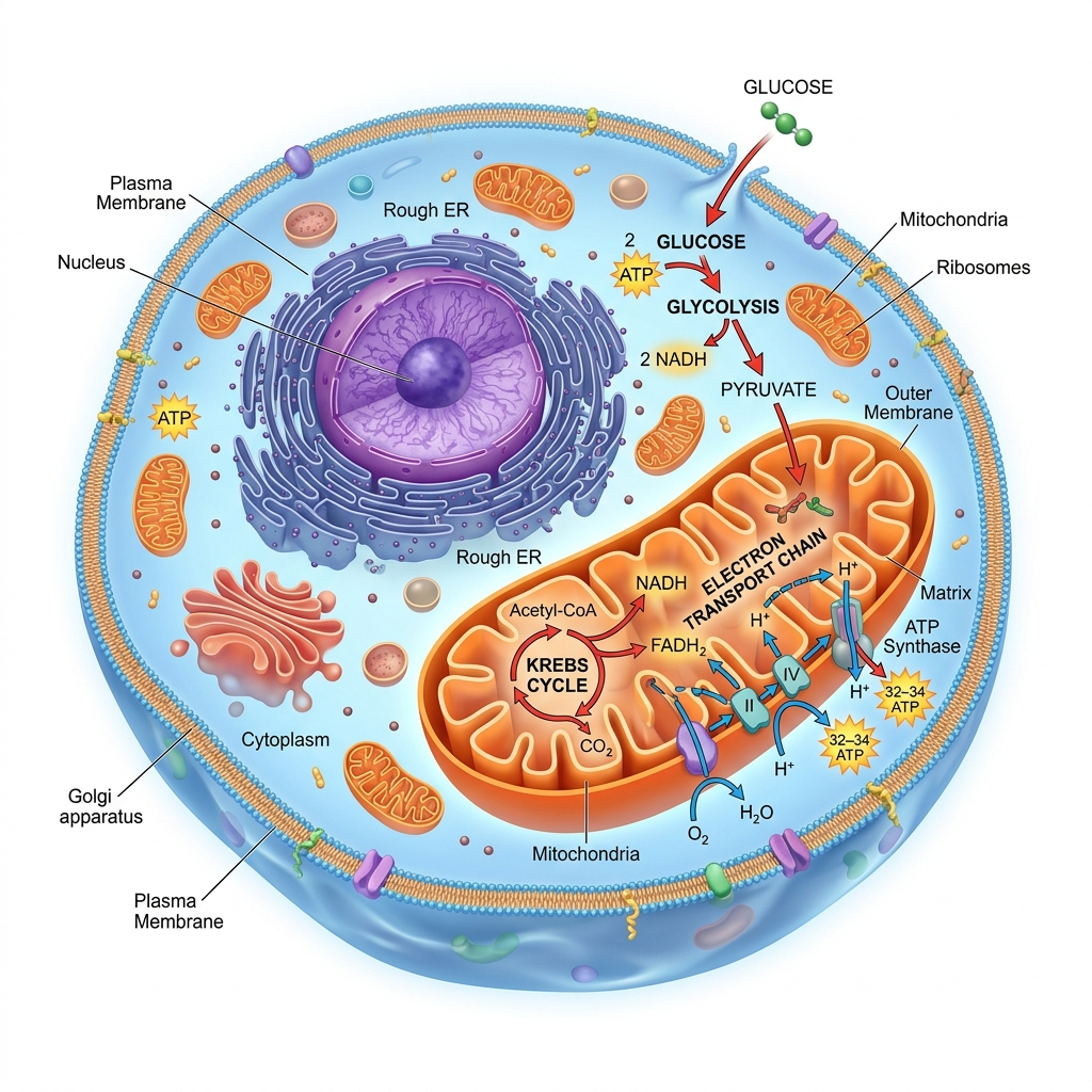 Medical illustration of a human cell showing mitochondria and energy pathways