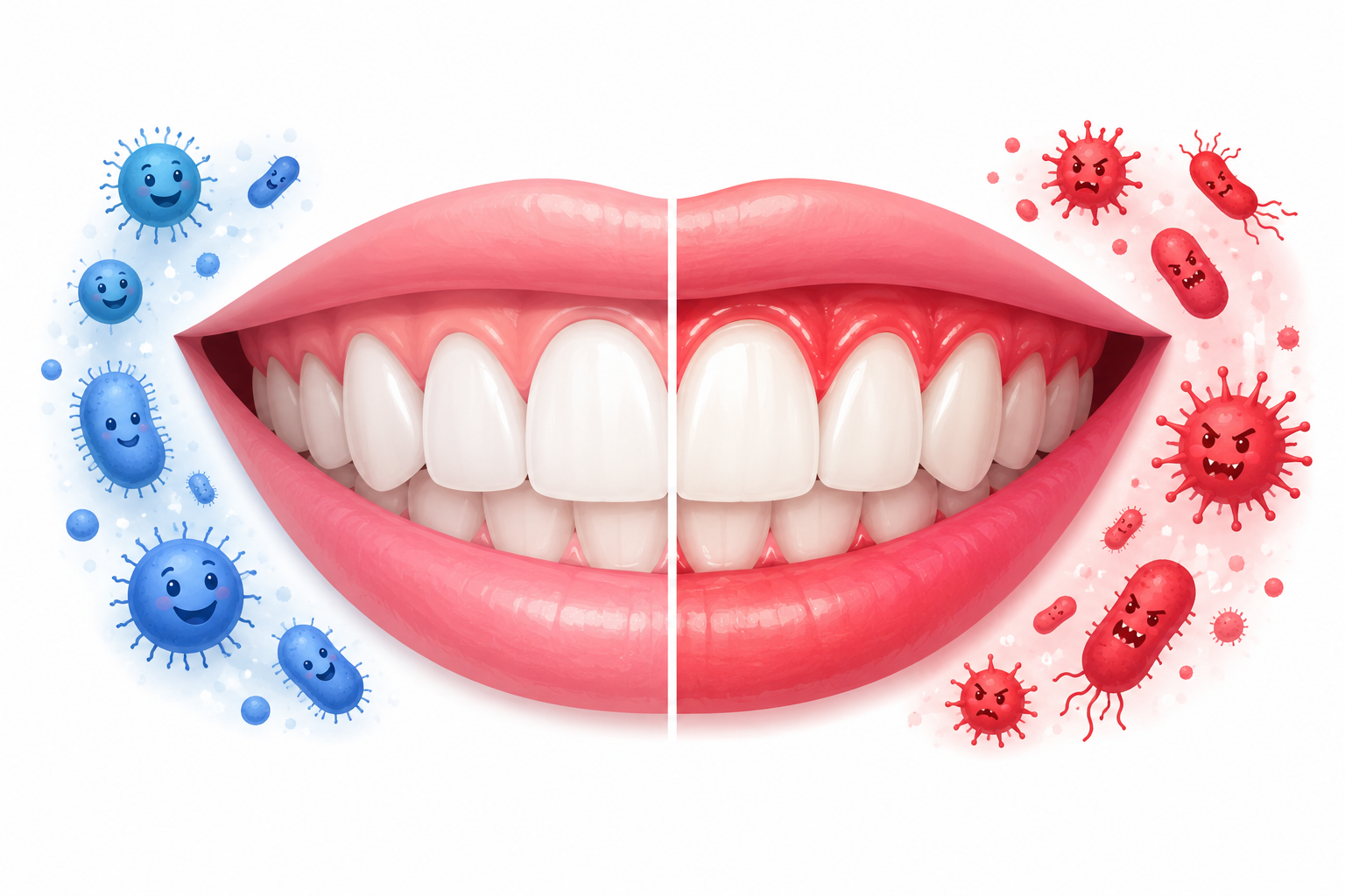 Illustration comparing a balanced oral microbiome with healthy gums vs an imbalanced one with inflamed gums